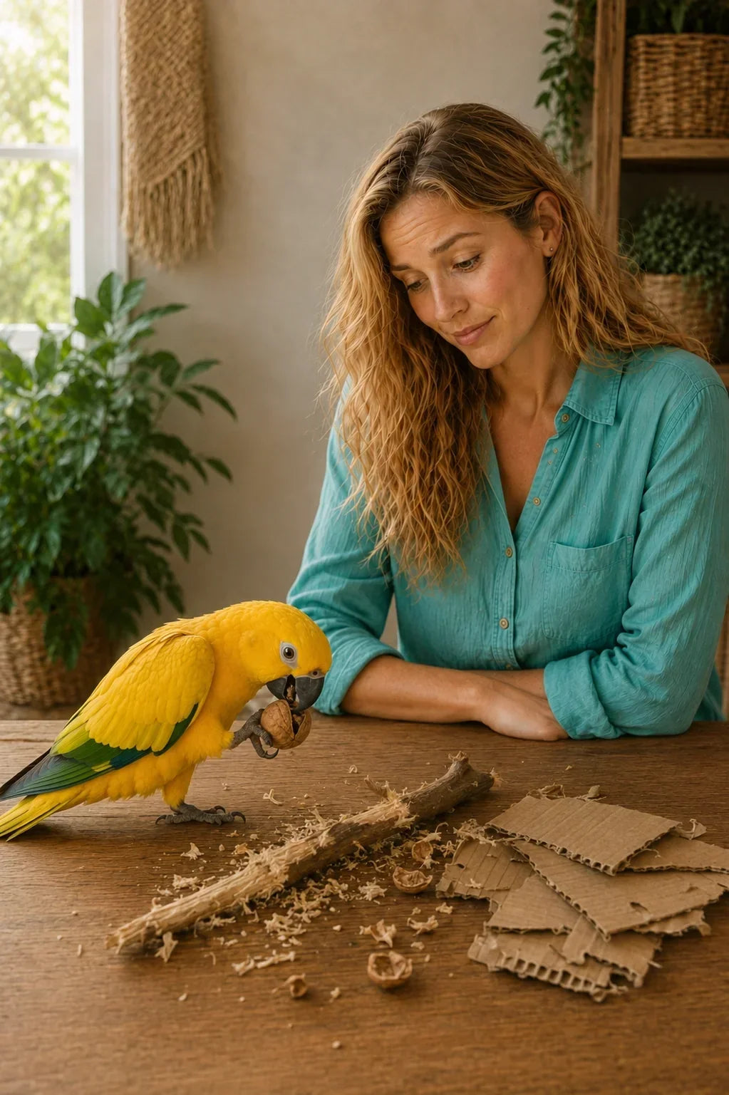 papegaai kraakt een walnoot als natuurlijke bezigheid en voedselverrijking